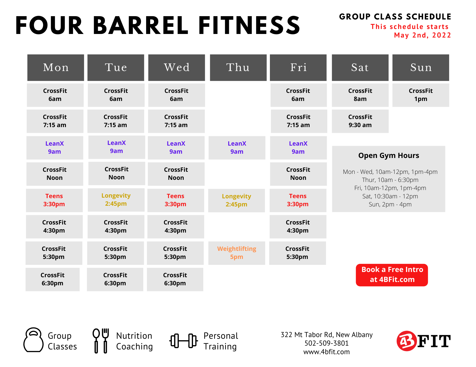 Schedule Four Barrel CrossFit Four Barrel Fitness